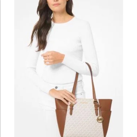 MICHAEL KORS Charlotte LG Tote Brown/Vanilla T.zip - Picture 2 of 13
